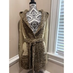 Vintage Kennington Ltd California Hooded Cardigan Sweater Brown Cream Large